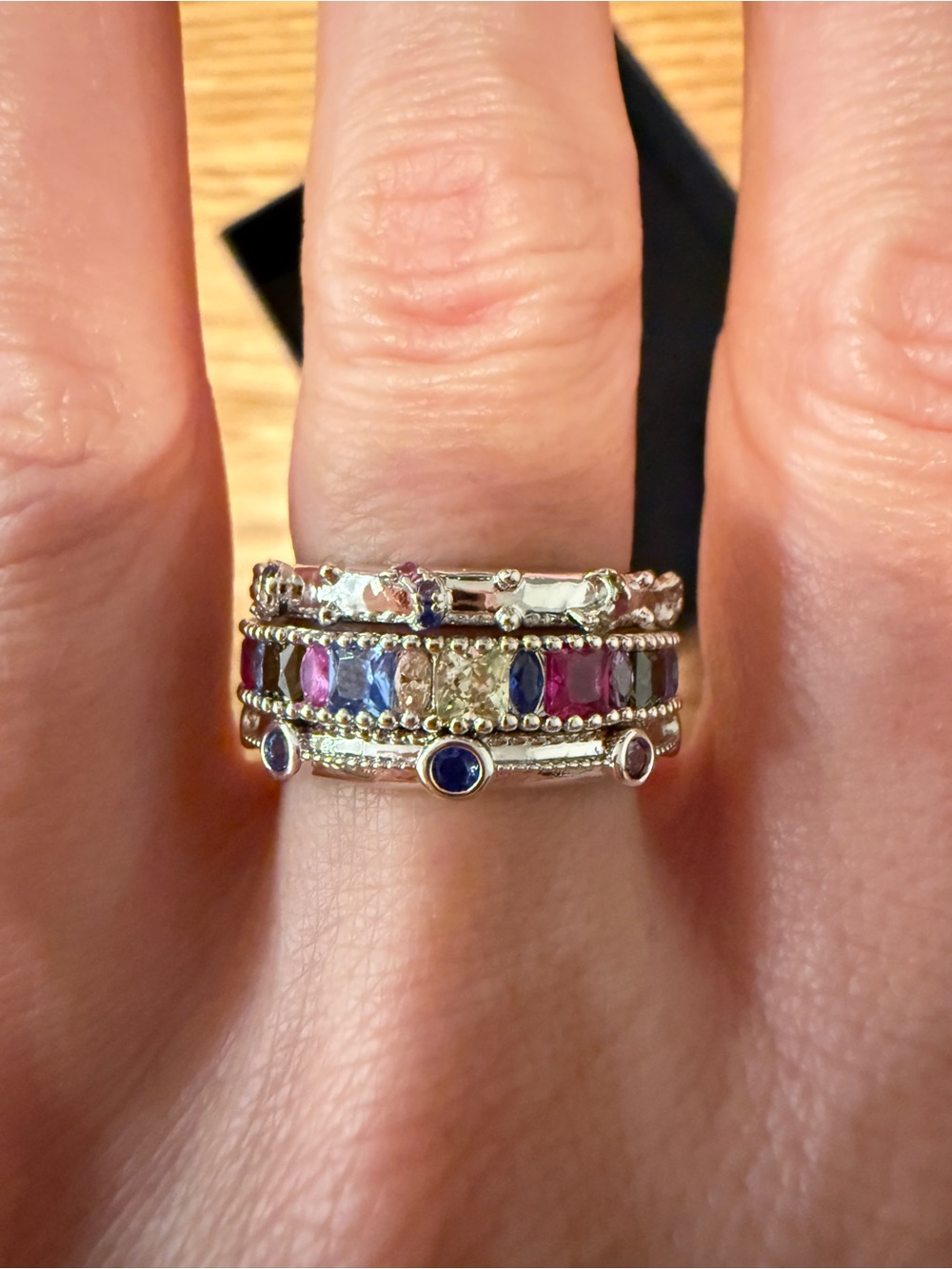 NEW 3-Pc 18K White Gold Filled Multicolor Stackable Ring Set Size 7